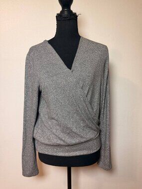 Michael Stars Silver Gray Metallic Wrap Top Surplice Sparkle Y2K Holiday S